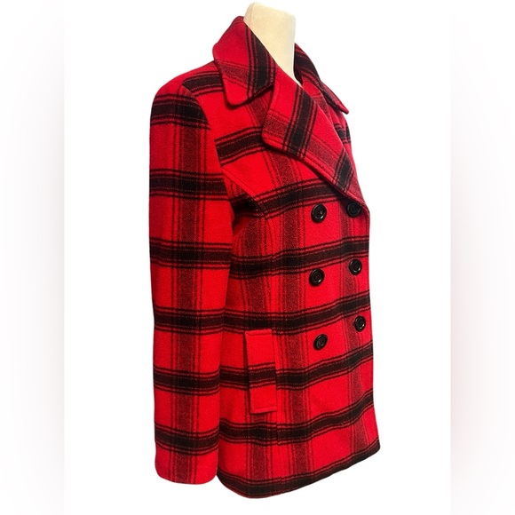 Chadwick’s of Boston Red and Black Plaid Wool Peacoat - Size 6 - Picture 2 of 8